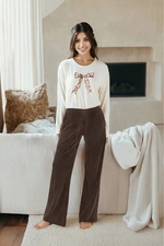 Trendyol White Leopard Ribbon Printed Bottom Ribbed Knitted Pajama Set