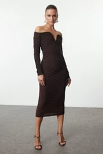 Trendyol Brown Body-Smoothing Carmen Collar Knitted Dress