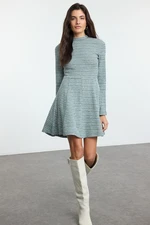 Trendyol Green Tweed Crew Neck Skater/Waist Open Flounce Mini Knit Dress