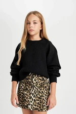 DEFACTO Girl Black Standard Fit Crew Neck Knitted Patterned Knitwear Sweater