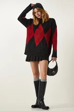 Happiness İstanbul Black Red Premium Diamond Pattern Oversize Knitwear Sweater