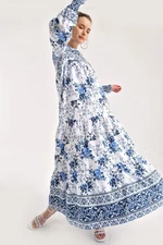 Bigdart Women's Blue Floral Patterned Sleeve Gathered Robe Dress 1947