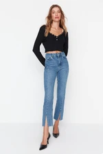 Trendyol Blue High Waist Straight Jeans with Stitching Detailed and Slits