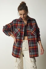 Happiness İstanbul Women's Gray Red Patterned Oversize Cachet Lumberjack Shirt