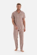 Dagi Gray Shirt Collar Plaid Knitted Pajamas Set