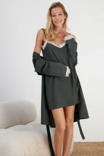 Trendyol Gray Belted 2-Pack Cotton Lace Detailed Knitted Dressing Gowns-Nightgown