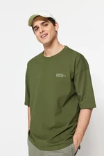 Trendyol Men's Khaki Oversize 100% Cotton Crew Neck Minimal Text Printed T-Shirt