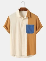 Mens Color Block Pocket Stitching Buttons Up Short Sleeve Shirts