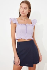 Trendyol Lilac Fitted Zipper Detail Gingham Crop Woven Blouse