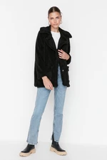 Trendyol Czarny Pluszowy Płaszcz Oversize o szerokim kroju z zamszowymi detalami i guzikami