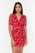 Trendyol Red Patterned Double Breasted Woven Dress