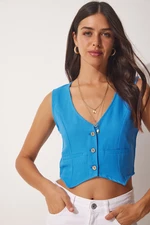 Happiness İstanbul Women's Blue V-Neck Linen Vest