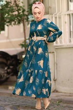 InStyle Brush Patterned Hijab Dress With A Belt - Indigo