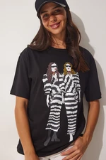 Happiness İstanbul Women's Black Printed Oversized Cotton T-Shirts