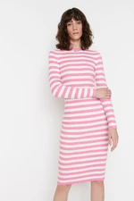 Trendyol Pink Pink Fitted Mini Knitwear Striped Dress