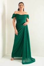 Lafaba Women's Emerald Green Boat Collar Draped Long Glittery Evening Dress with a Slit.