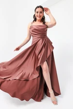 Lafaba Women's Salmon Plus Size Satin Evening Dress with a slit. Prom Evening Dress.