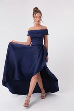 Lafaba Women's Navy Blue Bateau Neck Satin Evening & Prom Dress