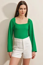 Bigdart 0465 Knitted Blouse with Balloon Sleeves - Green