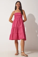 Happiness İstanbul Women's Dark Pink Straps, Flounces Summer Poplin Dress