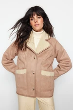 Trendyol Camel Premium Oversize Wide-Cut Suede Plush Detailed Coat