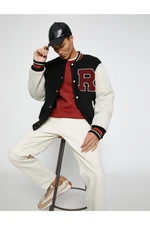 Koton College Jackets Bomber Collar Embroidered Detailed Snap Buttons with Pocket.