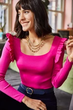 Olalook Women's Dark Fuchsia Square Collar Ruffled Crop Knitwear Blouse