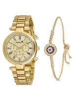 Polo Air Women's Wristwatch and Zircon Stone Evil Eye Bracelet Combination Yellow Color