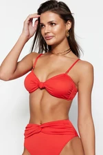 Trendyol Red Strapless Knotted Textured Bikini Top