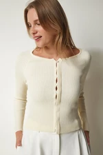 Happiness İstanbul Women's Cream Buttoned Ribbed Knitwear Cardigan