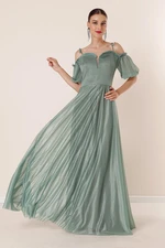 By Saygı Pleated Collar With Balloon Sleeves Lined Glittery Long Dress Mint