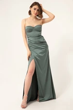 Lafaba Women's Turquoise Stone Straps Long Satin Evening Dress with a Slit