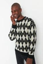 Trendyol Black Men's Regular Fit Crew Neck Checkered Knitwear Sweater