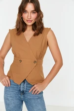 Trendyol Light Brown Weave Double Breasted Blouse with Bone Button Detail