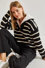 Bianco Lucci Women's Collar Shearling Striped Zippered Knitwear Sweater