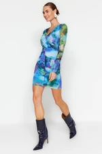 Trendyol Blue Printed Draped V-Neck Fitted Tulle Mini Knitted Dress