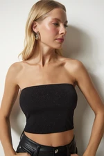 Happiness İstanbul Women's Black Glittery Strapless Crop Top