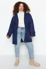 Trendyol Curve Navy Blue Fur Hooded Coat