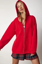 Happiness İstanbul Women's Red Hoodie with Zipper Oversized Sweatshirt