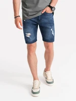 Ombre Men's denim short shorts with holes - dark blue