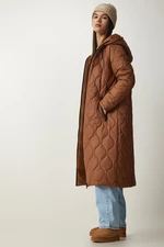 Happiness İstanbul Women's Brown Hooded Quilted Coat with Pockets