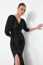 Trendyol Black Draped Knitted Long Stylish Evening Dress