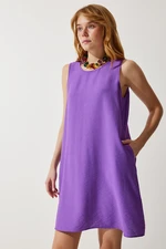 Happiness İstanbul Women's Purple Sleeveless Linen Viscose Bell Dress