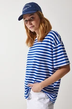 Happiness İstanbul Women's Blue Crew Neck Striped Oversize Knitted T-Shirt