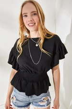 Olalook Women's Black Bat Blouse with Elastic Waist and Frilled Sleeves