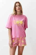 Trendyol Pink 100% Cotton Slogan Fruit Printed Knitted Pajama Set