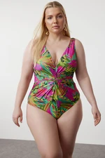 Trendyol Curve Multicolored Tropical Patterned V-Neck Knotted Swimsuit