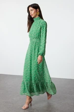 Trendyol Green Floral High Collar Waist Detailed Lined Chiffon Woven Dress