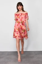 Trendyol Madonna Collar Mini Woven Dress with Pink Floral Skirt Opening at the Waist and Gipe Detail