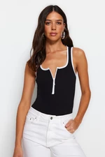 Trendyol Black Zippered Pool Neck Piping Detailed Cotton Ribbed Flexible Snaps Knitted Body